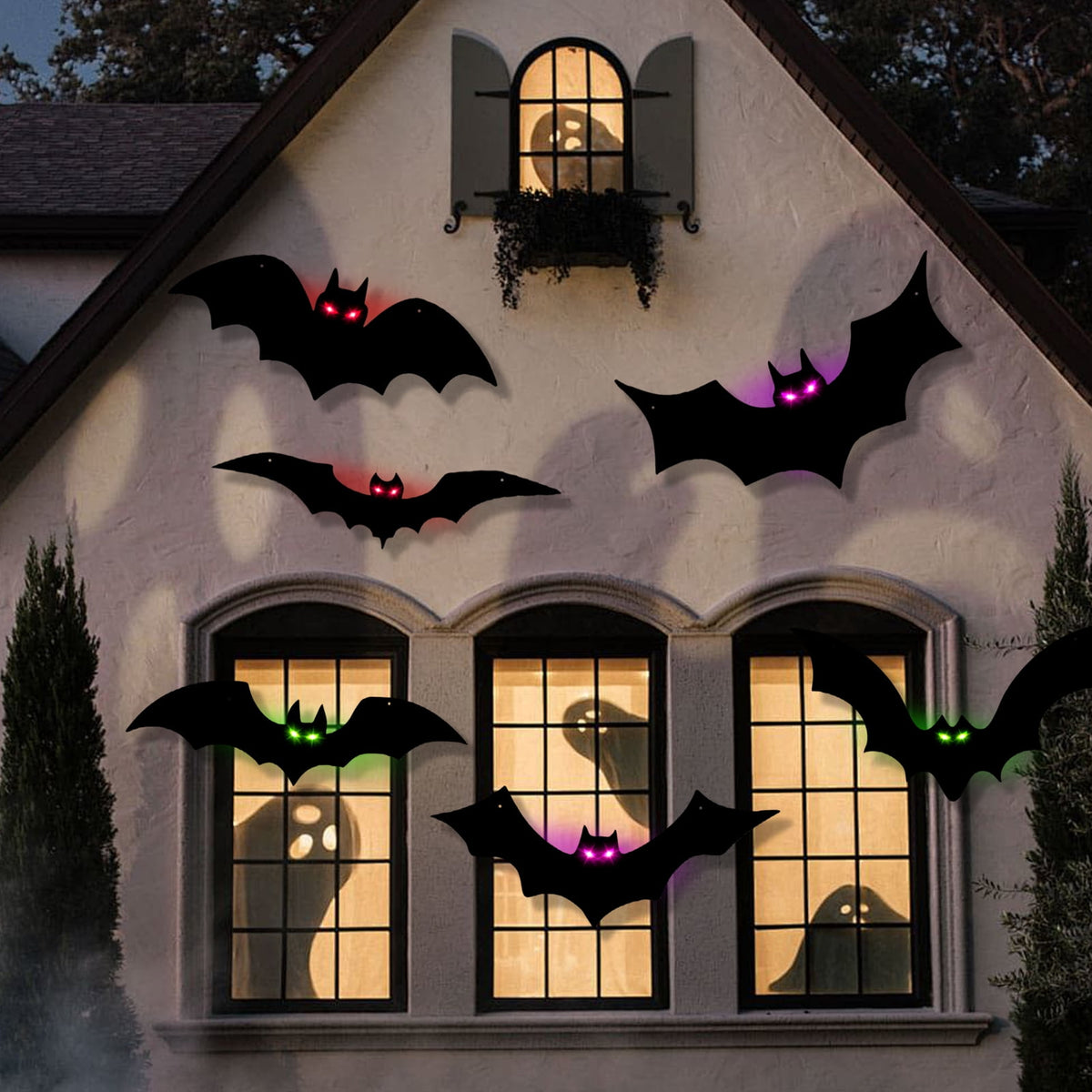 KORALAKIRI 16 Pcs Halloween Hanging Bats Decorations Outdoor, Waterproof Black Bat with Glowing Eyes for Front Door Yard Tree Halloween Hanging Decorations Outside