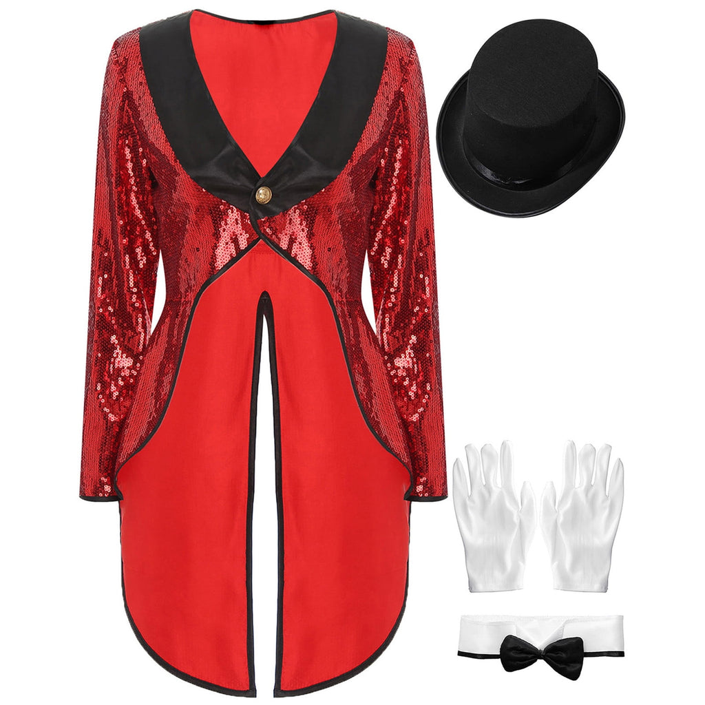iiniim Women Magician Cosplay Sequin Tailcoat Circus Showman One-Button Tuxedo Jacket Outfits Red M