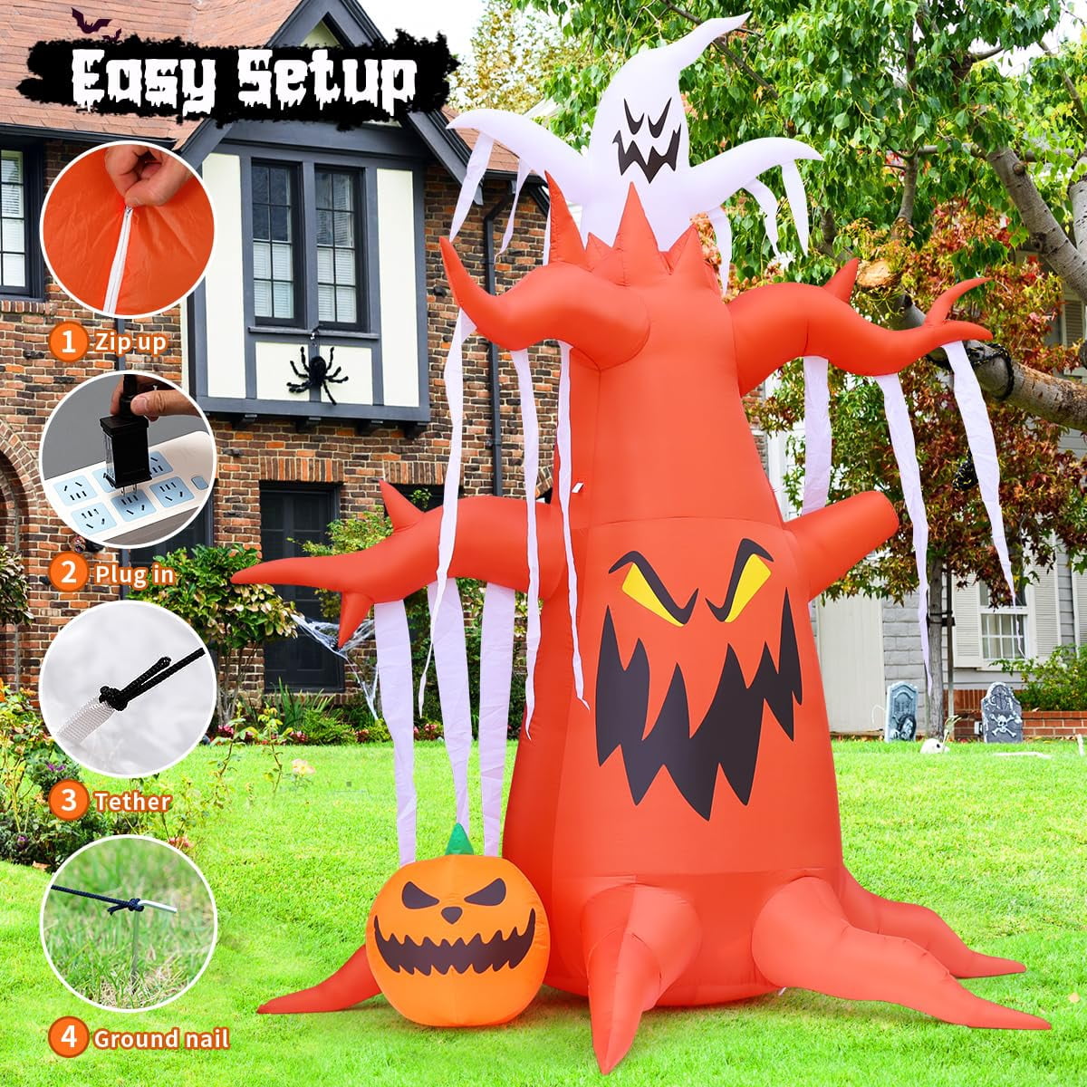 GOOSH Halloween Inflatables 10 FT Inflatable Halloween Tree with LED Lights, Scary Halloween Tree Inflatables Spooky Tree Inflatable with Pumpkin and Ghost, Outdoor Halloween Decorations for Holiday