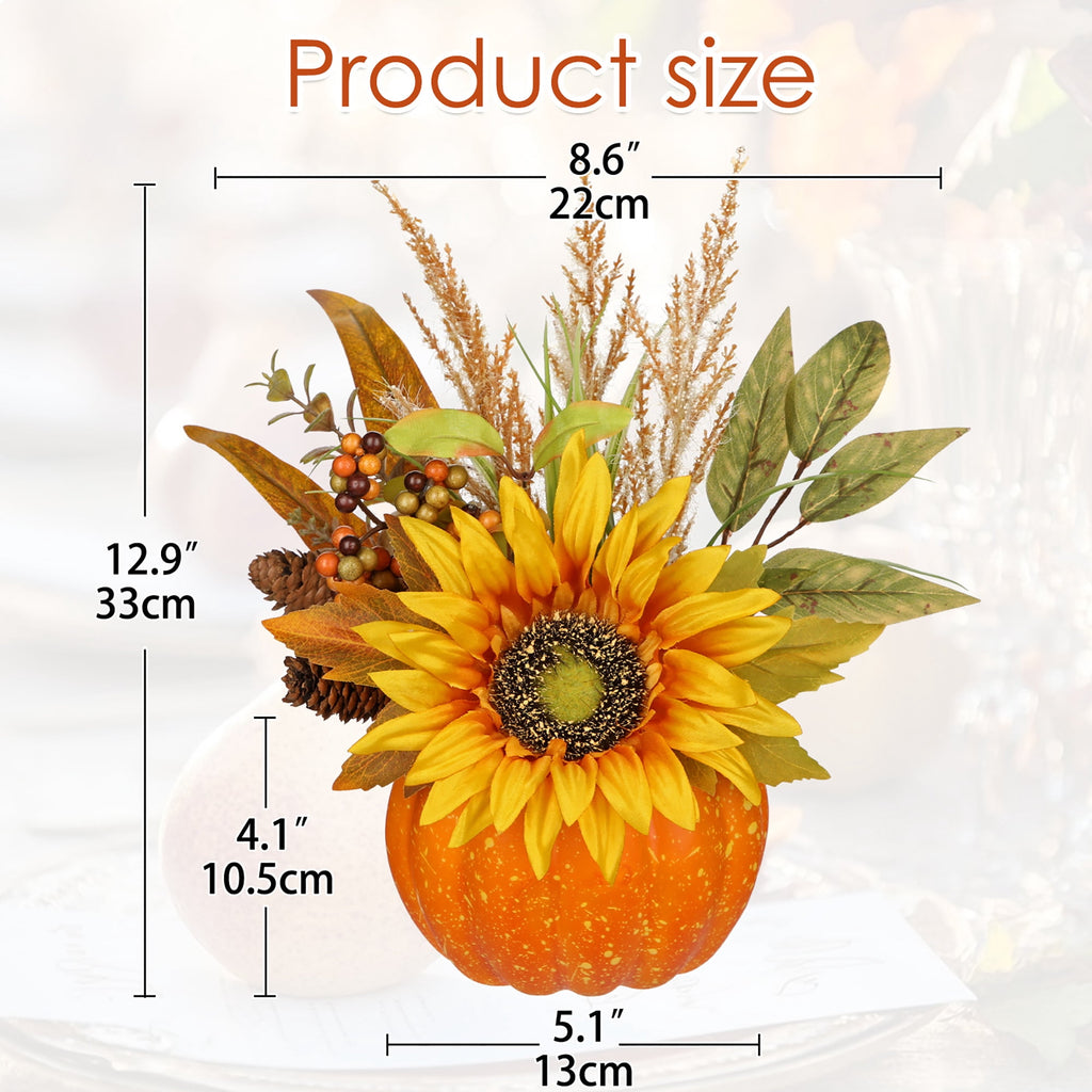 Briful 12.9"Artificial Pumpkin Floral Arrangement with Orange Sunflowers Leaves Fall Table Centerpiece for Harvest Autumn Décor