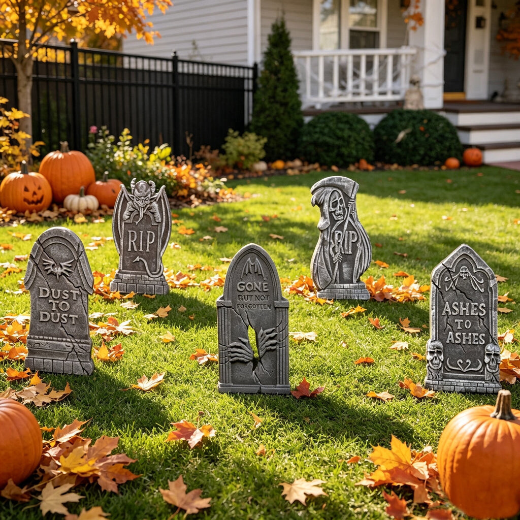 Coolmade 17 Inch Halloween Tombstones, 5 Pack Foam Yard Decor with Stakes, Gray Outdoor Graveyard Headstones