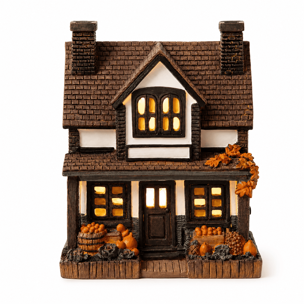 Fall Harvest Light Up Cottage House, LED Resin Pumpkin Autumn Halloween Thanksgiving Tabletop Decor with Warm Glow for Mantel Shelf Home Office Seasonal Decoration, 6" (1 PC)