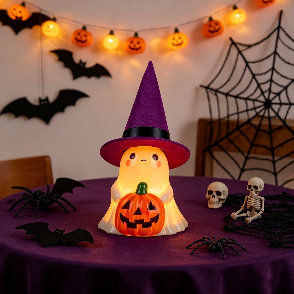 Fwttom Ghost Night Light, Halloween Lights Cute Ghost Reading Book Lamp, Halloween Decorations Indoor Light Up Ghost Statue Ghost Light for House Mantel Bedside