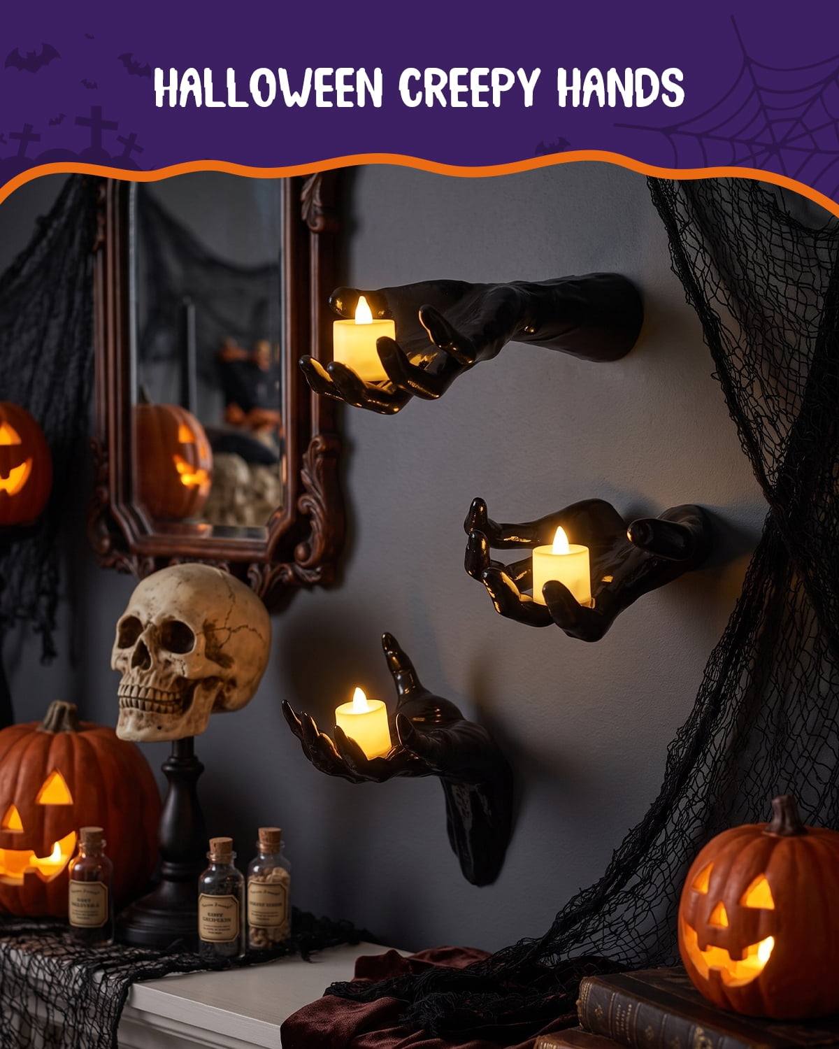 Yinghao Halloween Decoration 3 pack Black Ghost Hands Decor with LED Candle, Life-sized Gothic Design, Screw and Adhesive install, 3 Flameless Candle