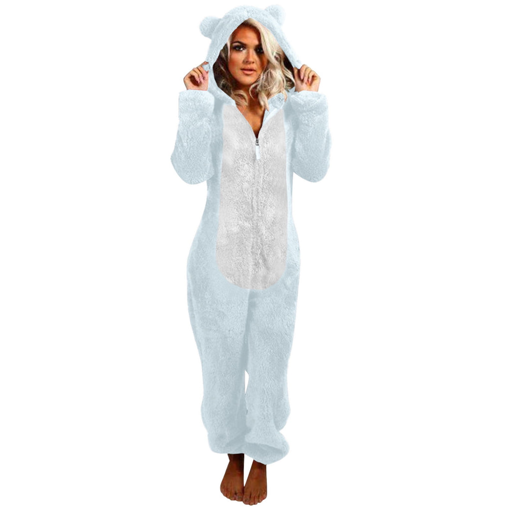 QATAINLAV Sherpa Fleece Jumpsuit for Women Winter Warm Fuzzy Onesie Pajamas Cute Cat Hooded Romper Casual Zip Up Overalls Sleepwear Black XL