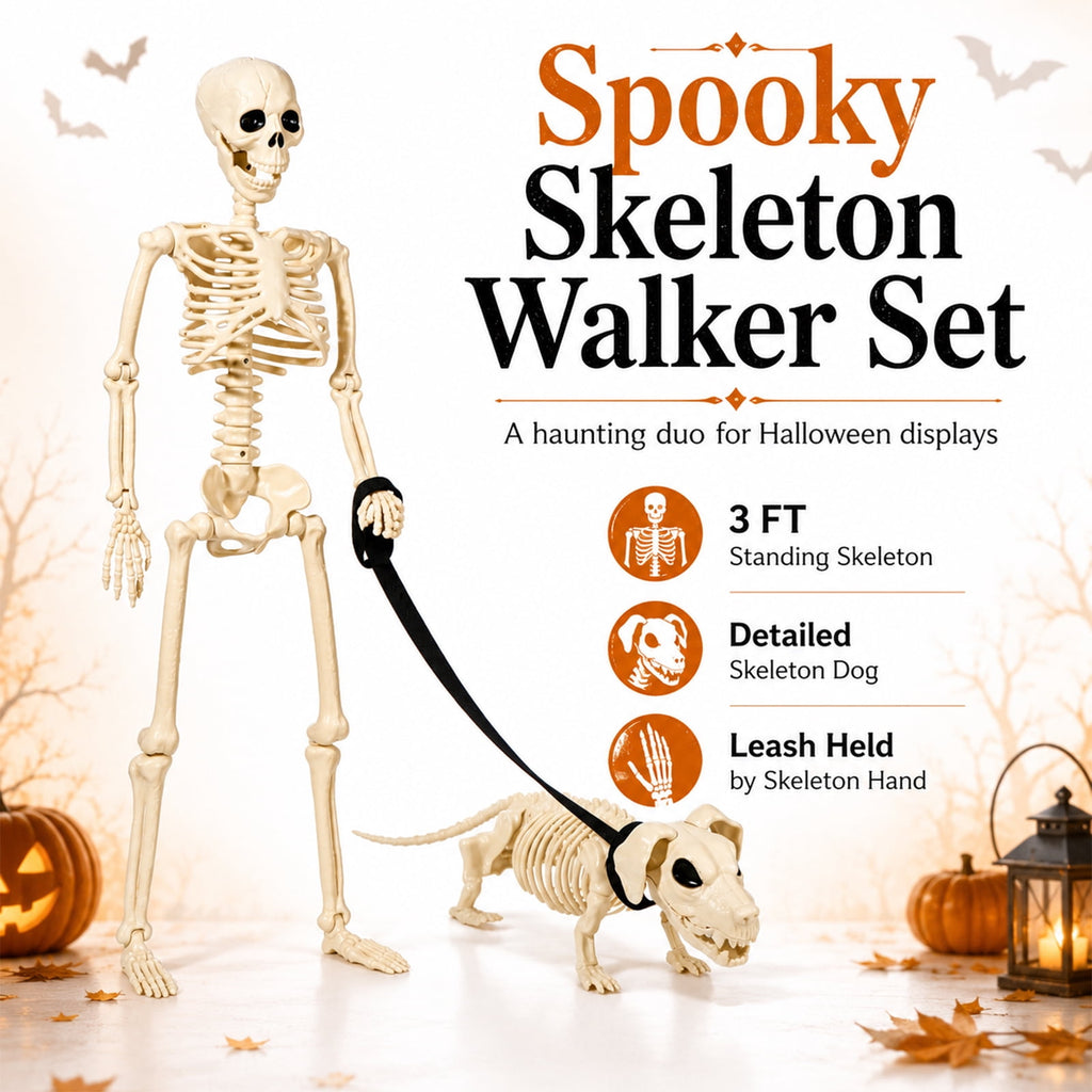 DAKIMOE Halloween Outdoor Decoration Skeleton with Skeleton Dog & Leash 2.9 Ft Skeleton Walking Dog Halloween Party Decoration Yard Lawn Garden Patio Party Decor