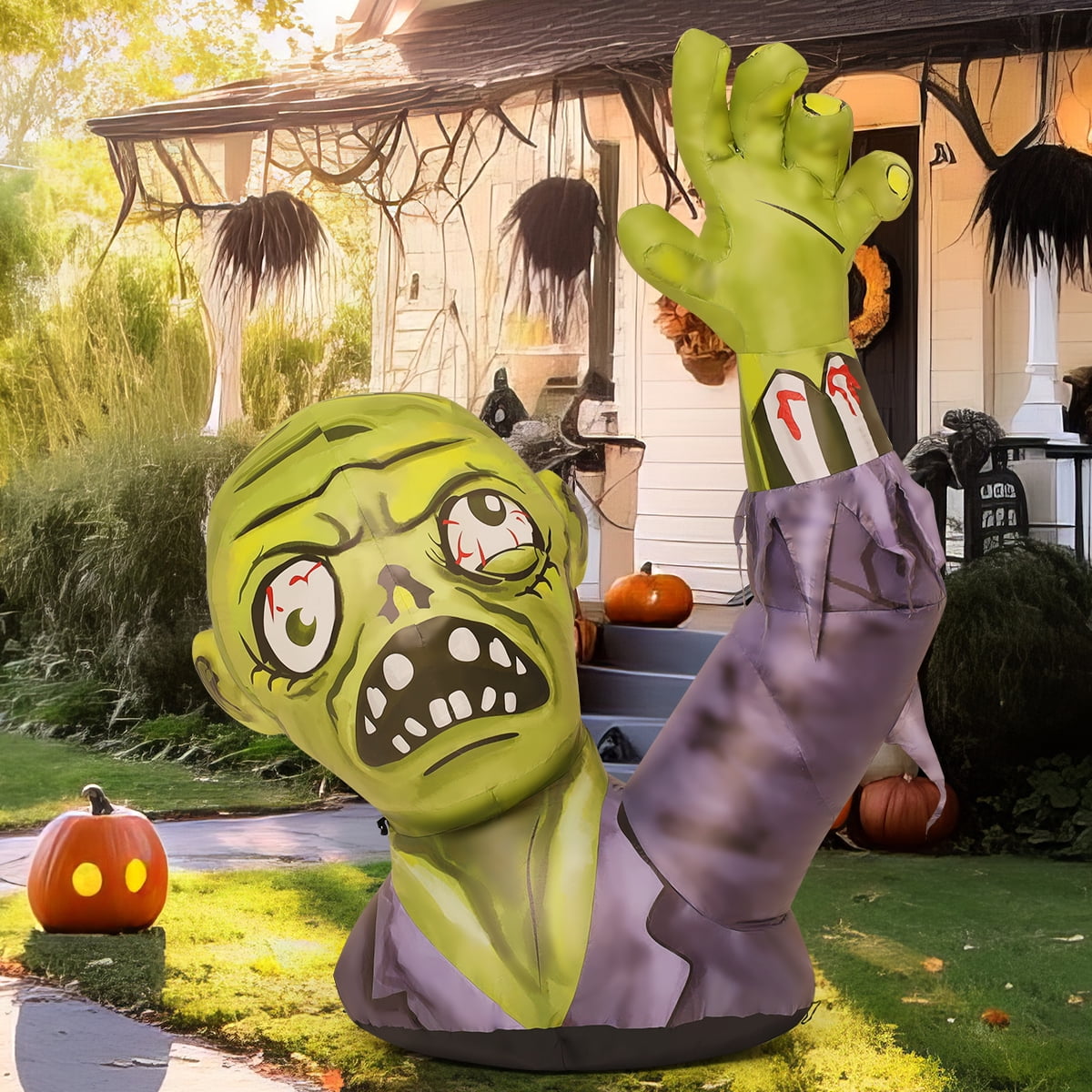 GOOSH Halloween Inflatable 5 FT Zombie Inflatable Shaking Hands, Zombie Inflatable Halloween Decorations Scary Halloween Blow Ups with LED Lights, Halloween Inflatables Clearance for Holiday/Party