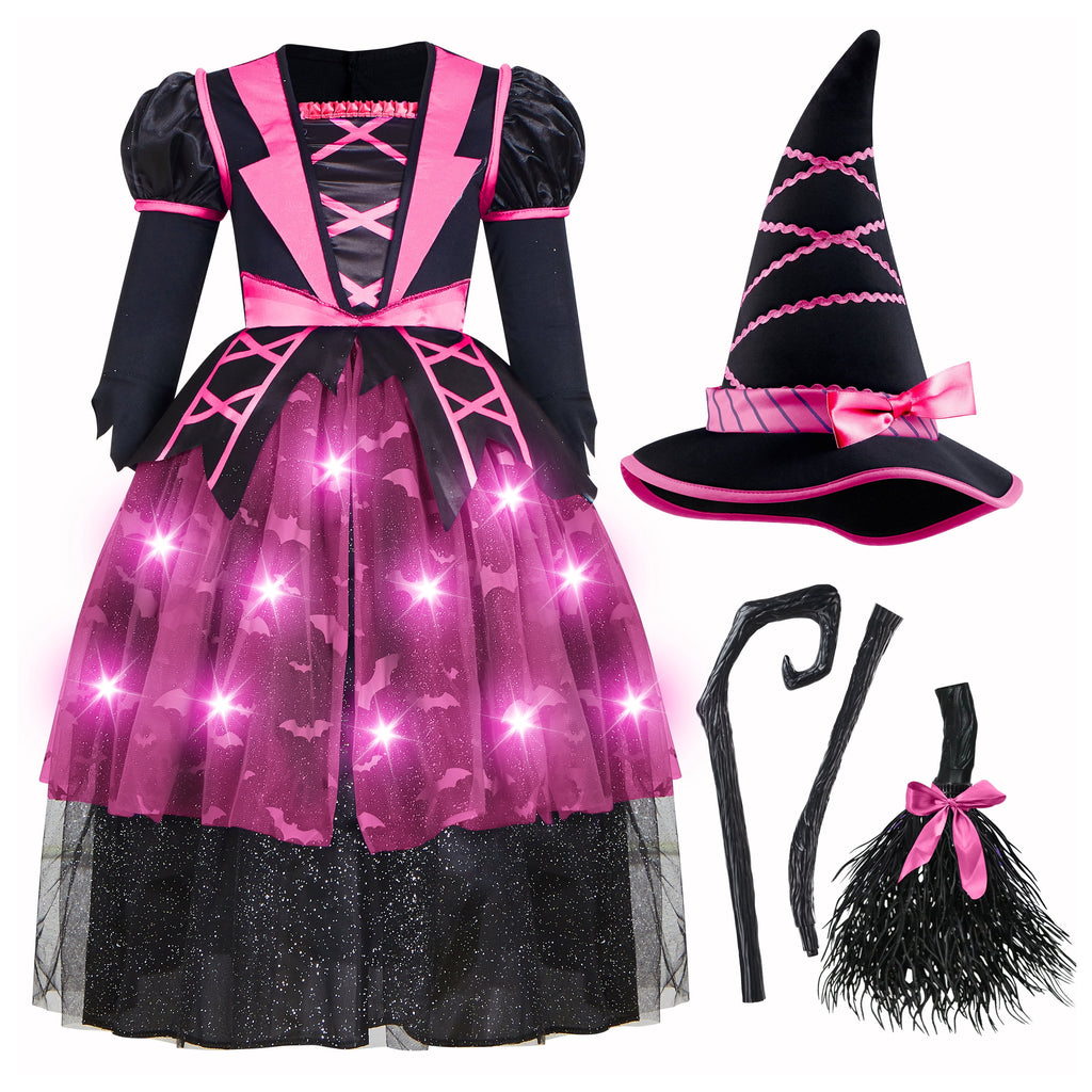 Joyfy Light up Witch Costume for Girls,Starry Witch Dress with Broom Hat for Kids and Toddlers, Perfect for Halloween Party Dress-up Cosplay Age 5-7