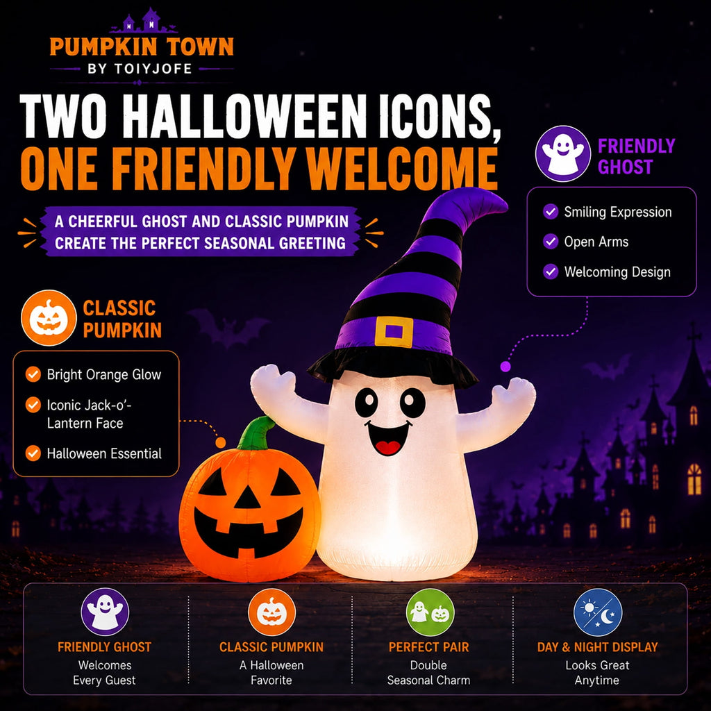 Toiyjofe 5.5 ft Halloween Inflatable Ghost with Pumpkin, LED Lighted Cute Halloween Yard Decoration for Porch, Lawn, Walkway & Party