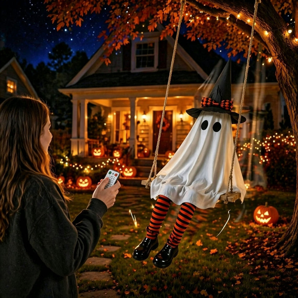 Cloth Hanging Swing Ghost Halloween Outdoor Decor,Remote Controlled LED Lighted Floating Ghost Ornament With 8 Lighting Modes For Porch Tree Yard Seasonal Holiday Display,Total Length 120.4 in.A