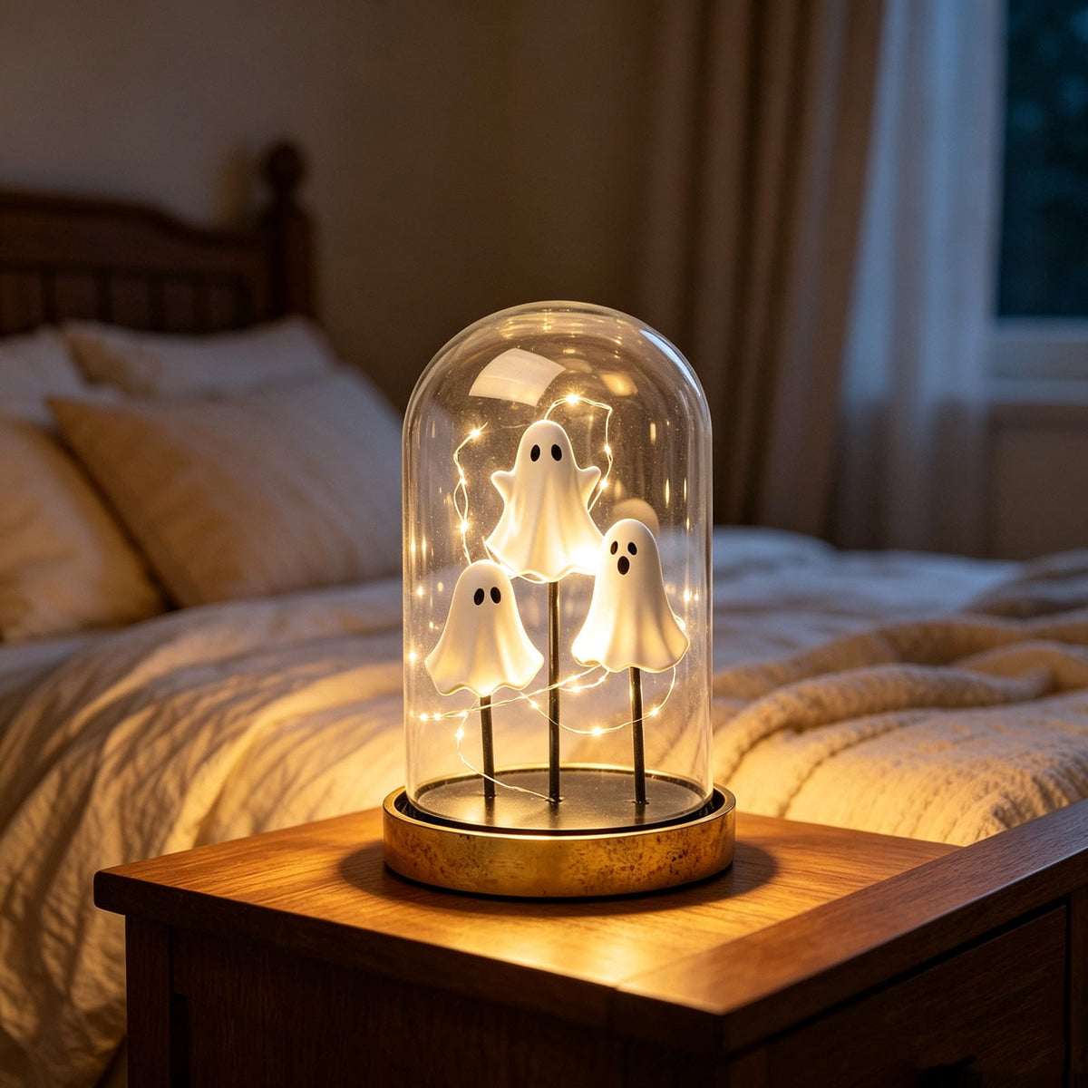 Darzheoy Halloween Decoration Ghost Cloche Lamp, with 3 Mini Figurines, Halloween Ghost Spooky, White Warm Glow, 1 Count