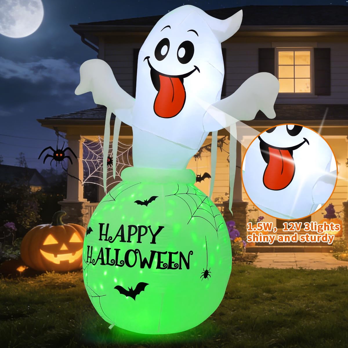 COMIN 6 FT Halloween Inflatable Ghost Trapped in Green Bottle LED Lighted Cute Blow Up Ghost for Indoor Outdoor Halloween Party