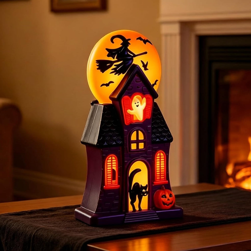 HAHUT Halloween House Blow Mold Light, Resin Pre-Lit Spooky Mansion with Glowing Witch Moon, Ghost & Black Cat for Halloween Party Tabletop Decor (Purple)