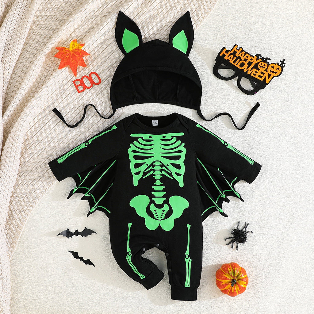 WIBACKER Baby Girl Boy Skeleton Jumpsuit Ear Hat 2PCS Outfit 3 Months-3 Years Infant Toddler Halloween Bats Costumes with Wings Cosplay Clothes