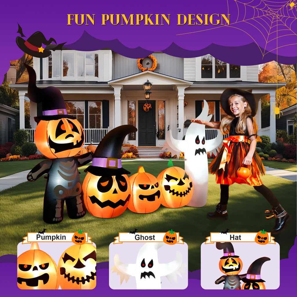 Yexmas Halloween Inflatables, 7 FT Long 4 Pumpkins with Cute White Ghost Outdoor Decorations, Built-in LEDs, Blow Up Party, Waterproof Yard, Garden, Lawn Decor