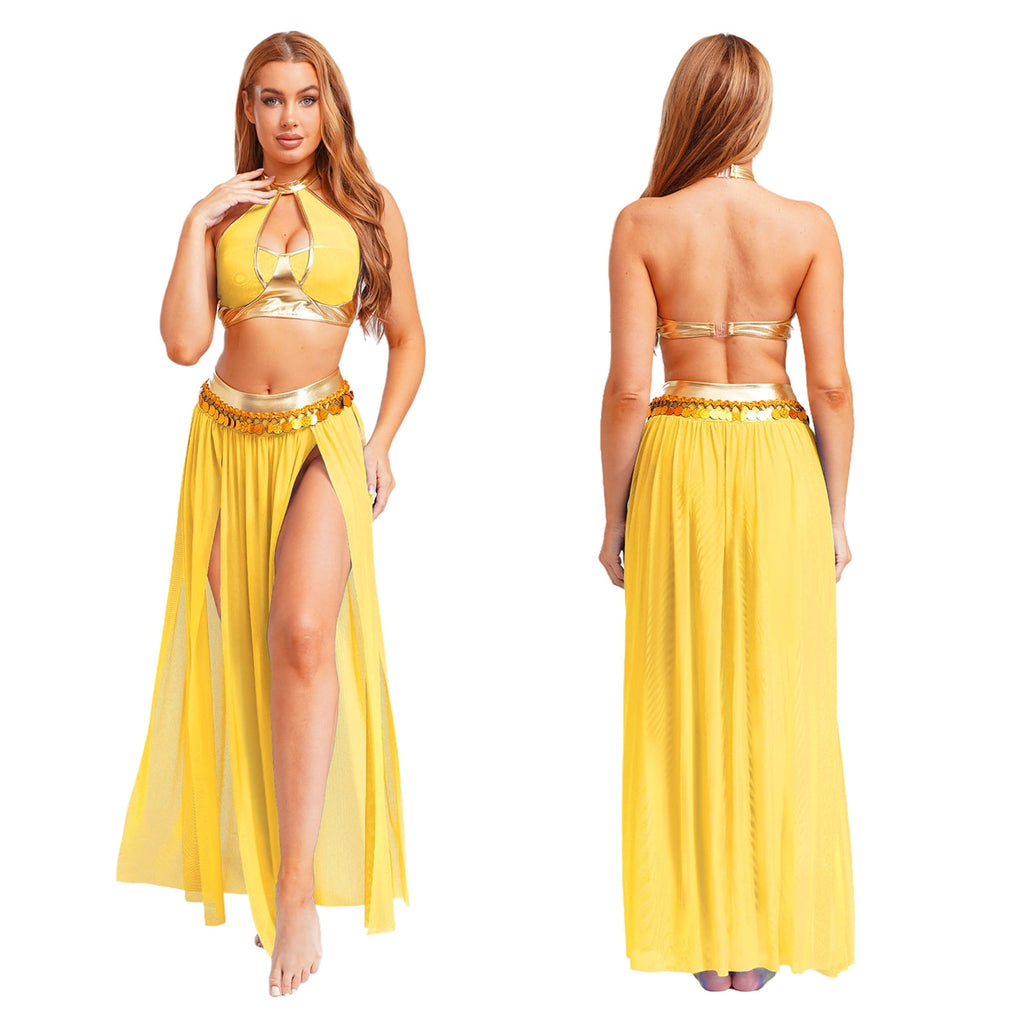 YiZYiF Women's Belly Dance Costume Halter Crop Top with Sequin Tassel Split Mesh Long Skirt 2Pcs Set Red A S