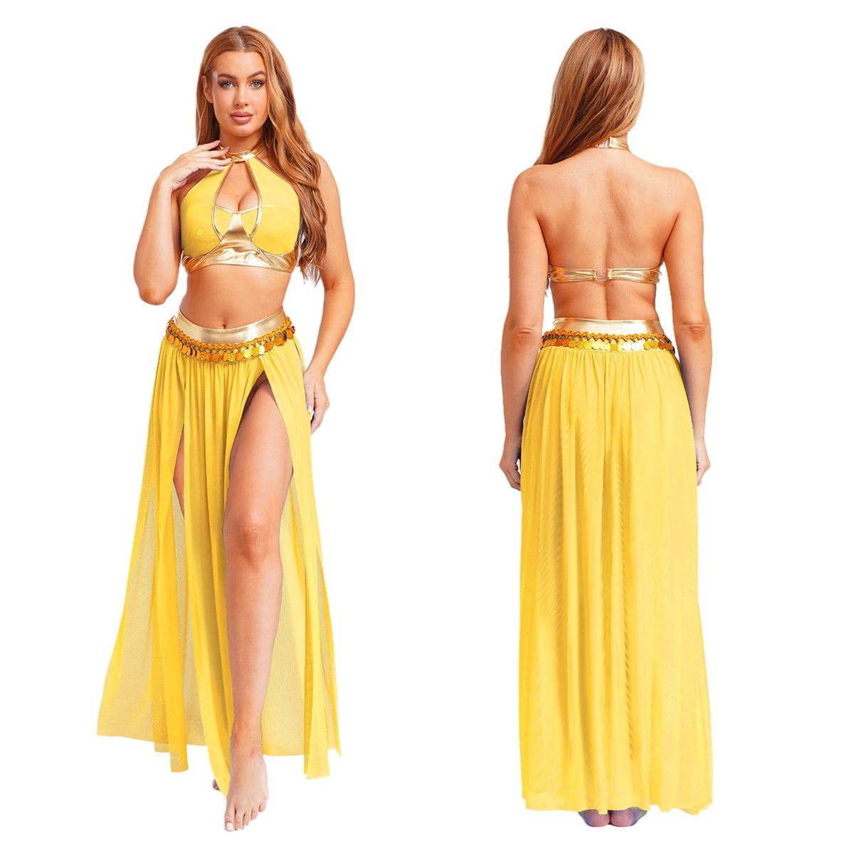 YiZYiF Women's Belly Dance Costume Halter Crop Top with Sequin Tassel Split Mesh Long Skirt 2Pcs Set Red A S