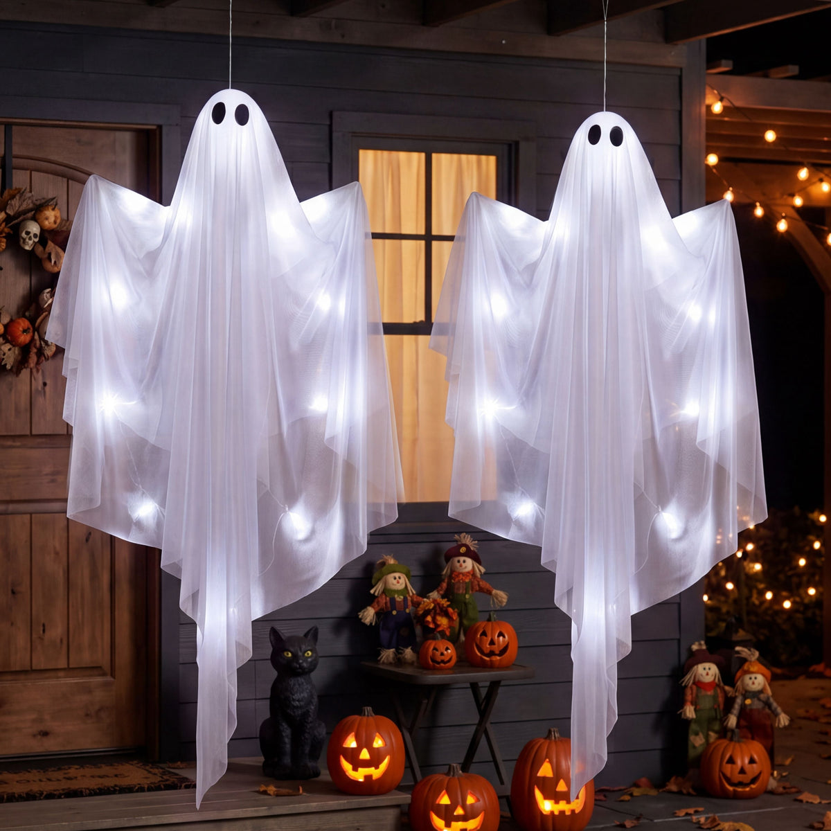 Joyfy 47inch Halloween Decorations Outdoor Hanging Ghost,Light up White Ghosts with Spooky Warm White LED Light,Halloween Outdoor Yard Porch Decorations,Haunted House Decorations