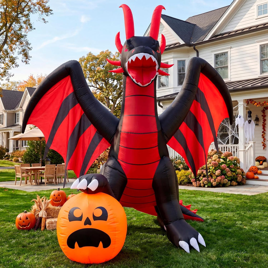 Joyfy 8 ft Halloween Inflatable Fire Dragon with Pumpkin,Animated Moving Mouth & Internal LED Lights,Blow Up Yard Decor Outdoor Lawn Garden Indoor Porch Patio Spooky Halloween Decoration