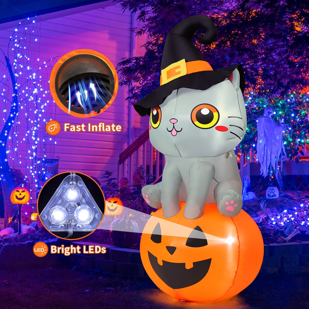 GOOSH Halloween Inflatable 6 FT Inflatable Halloween Cat Sitting on Pumpkin, Halloween Inflatable Cat Pumpkin with LED Lights, Funny Outdoor Halloween Decorations for Halloween/Holiday/Party