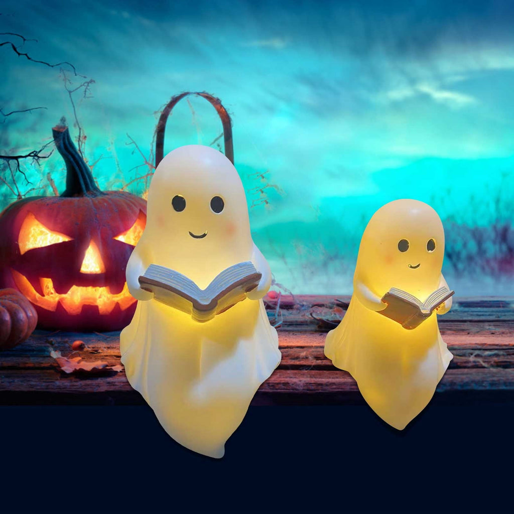 Fwttom Ghost Night Light, Halloween Lights Cute Ghost Reading Book Lamp, Halloween Decorations Indoor Light Up Ghost Statue Ghost Light for House Mantel Bedside