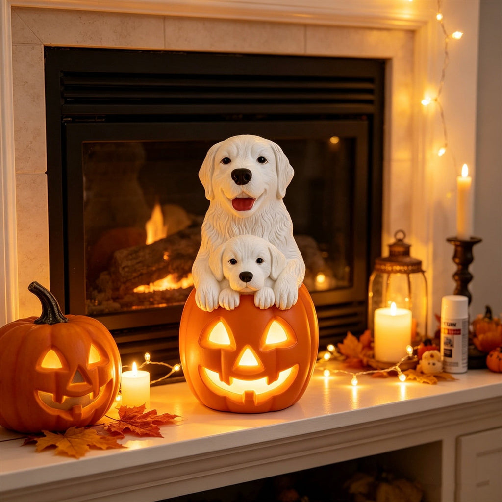 Gray Frenchie in Shark Costume Blow Mold, Halloween French Bulldog Statue with Light Up Pumpkin Decor, Cute Resin Outdoor Indoor Tabletop Dog Ornament, Entryway Patio Yard Decoration, 8"