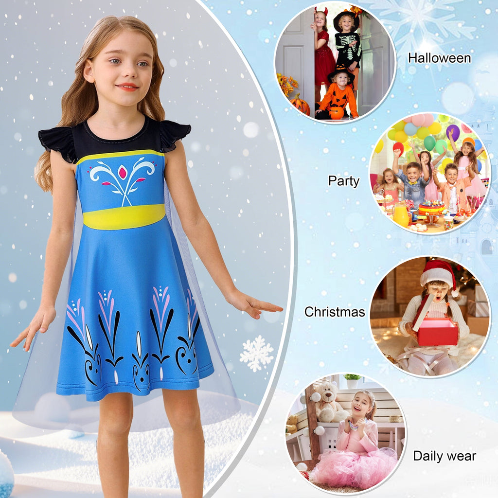 Benylion Girls Ice Princess Dress Halloween Cosplay Costumes With Tulle Cape Kids Birthday Party Dress up Outfit for 7-8 Years