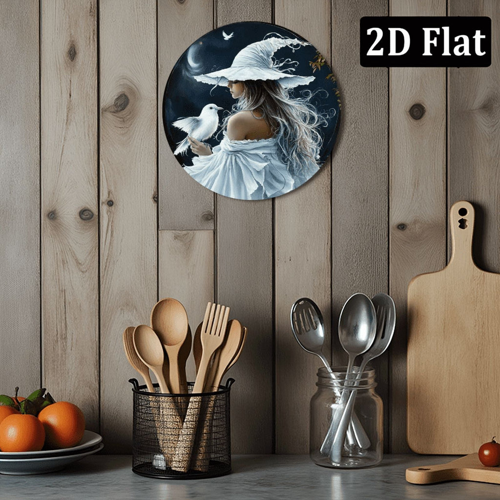 2D Enchanting White Witch &amp; Cat Round Sign - 8*8 Inch _ Durable, Fade-Resistant Wall Art for Home, Office, Cafe _ Mystical Forest &amp; Starry Sky Design _ Ideal Halloween &amp; Thanksgiving Gift