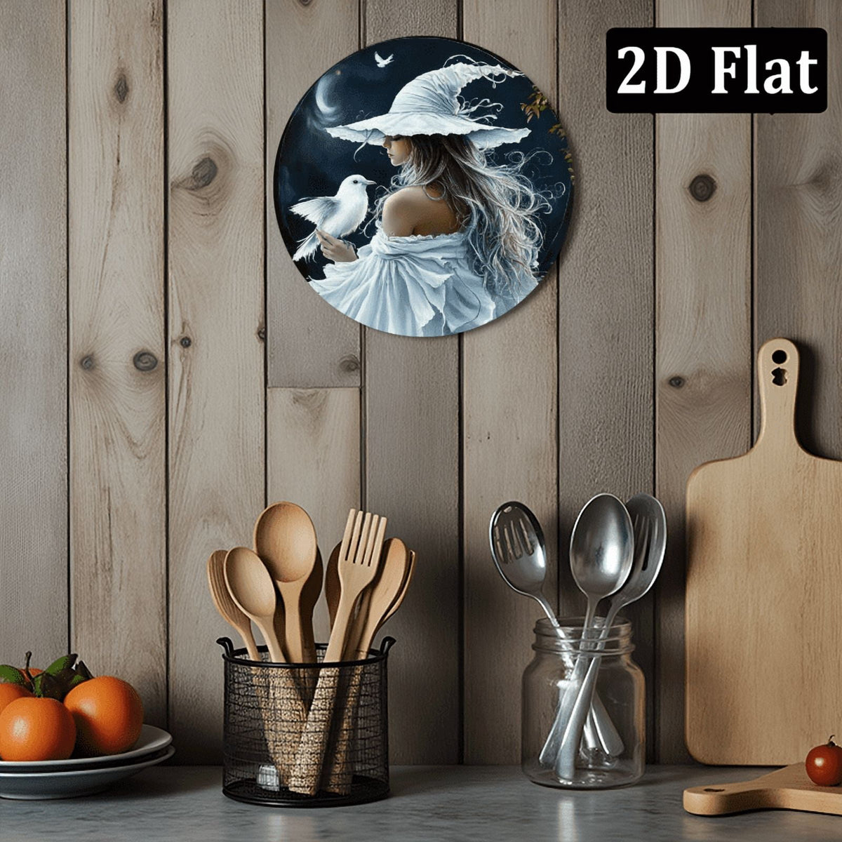 2D Enchanting White Witch &amp; Cat Round Sign - 8*8 Inch _ Durable, Fade-Resistant Wall Art for Home, Office, Cafe _ Mystical Forest &amp; Starry Sky Design _ Ideal Halloween &amp; Thanksgiving Gift