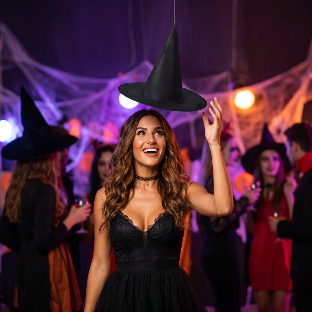 Stijggn Halloween Witch Hat, Black Hanging Witch Hats with Rope, Witch Costume Accessories Floating, Witches Hat with Hanging Rope for Porch Yard Indoor Outdoor Halloween Party Decor