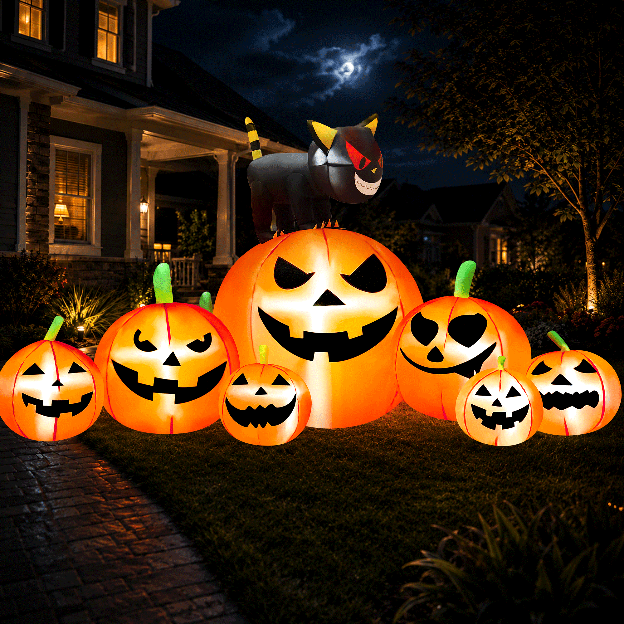 Yexmas 8.7ft Halloween Inflatables Pumpkins 7 Blow Up Decor with Witches Hat, Built-in LED Lights for Halloween Party, Yard, Garden, Lawn