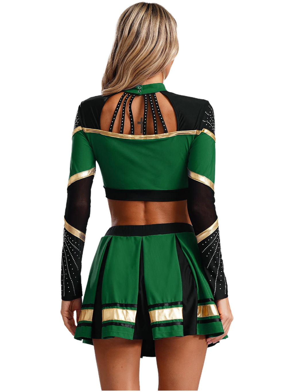 TiaoBug Women Cheer Leader Uniform Dance Cheerleading Costume Long Sleeve Crop Top with Mini Skirt White S