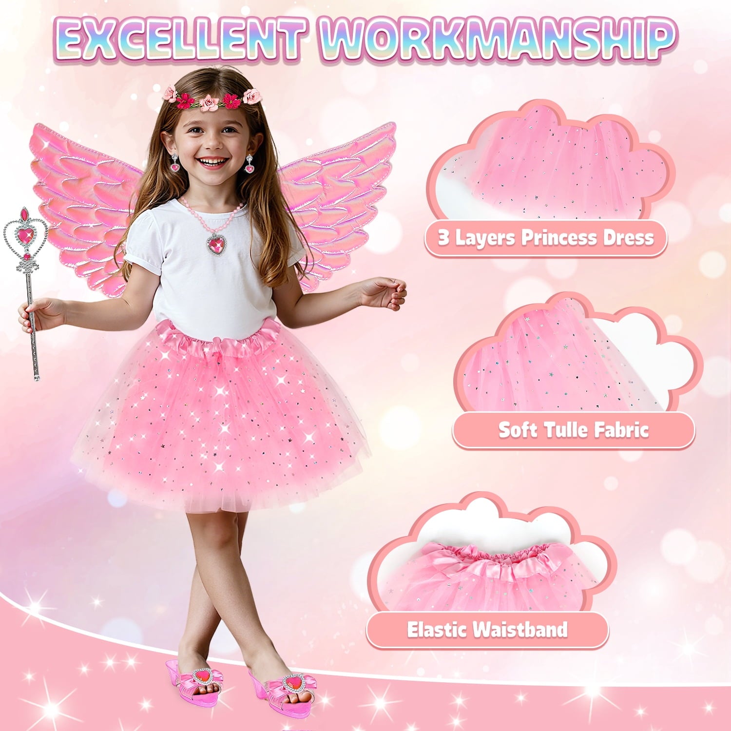 Princess Dress Up Toddler Girl Toys, Dress Up for Girls 3 4 5 6 Year Old, Princess Toys for Toddler, Upgraded with 3 Sets, Include Jewelry, Crown, Shoes, Princess Wand...Birthday Gift