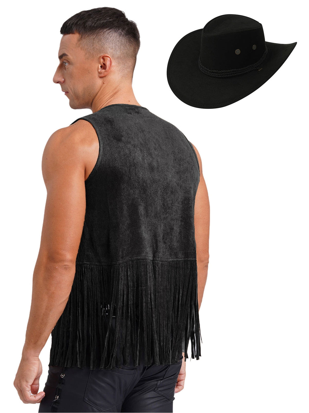 TiaoBug Men's Western Cowboy Cosplay Costume Tassel Rivets Waistcoat with Wide Brim Hats Sets Black L