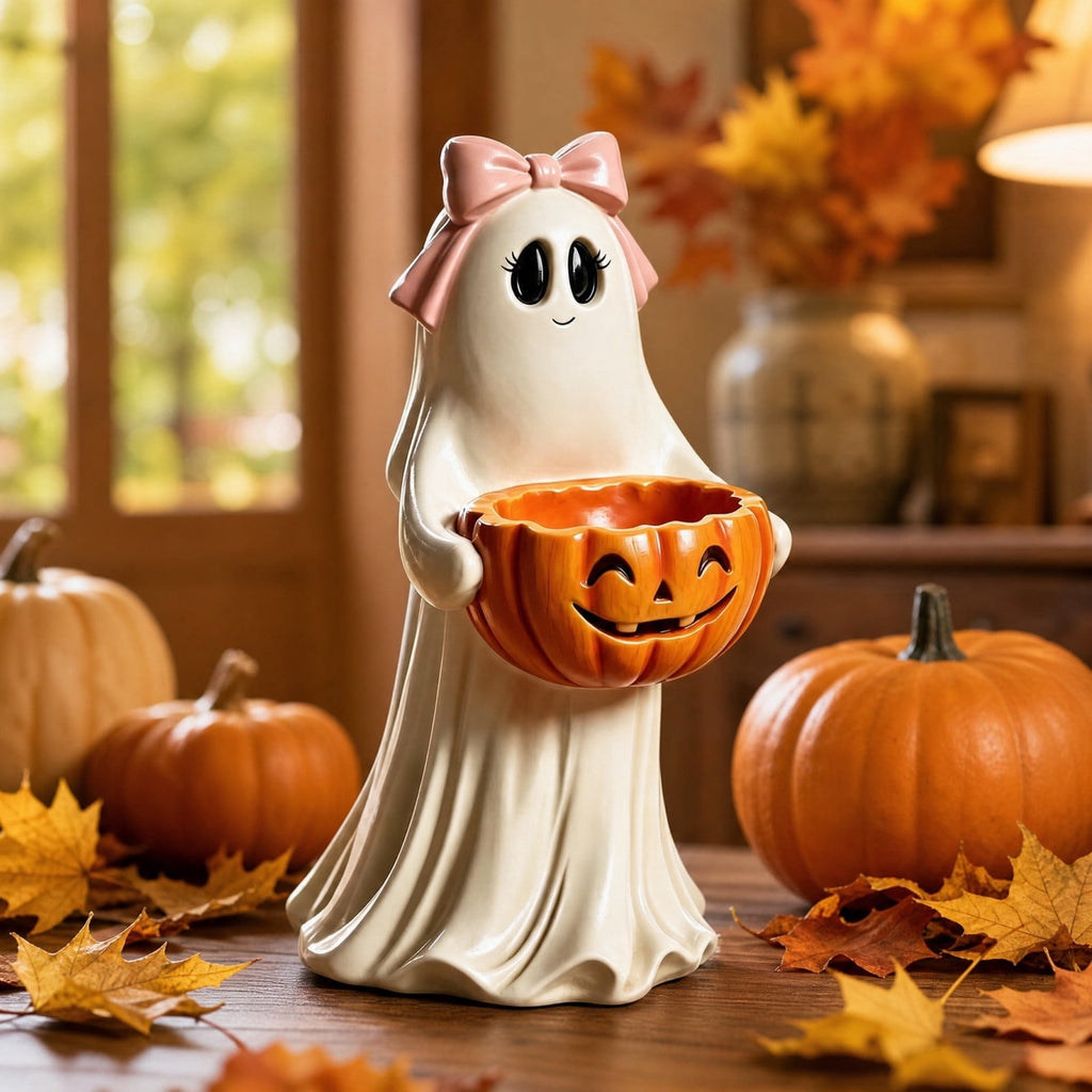 Clearance Halloween Ghost Resin Figurine with Black Cat & Pumpkin Candy Bowl 10“- Cute Spooky Tabletop Decor for Home Mantel, Shelf, and Indoor Fall Display