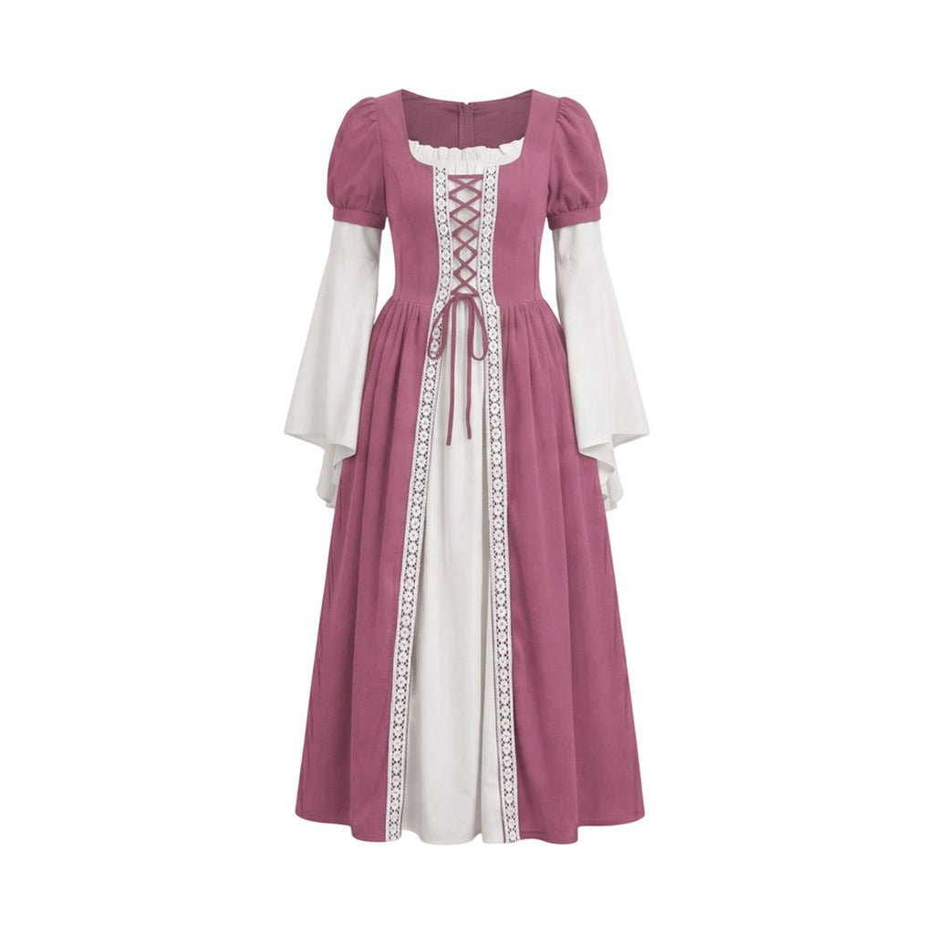 Hurxie Renaissance Costume Women Peasant Medieval Dress Maxi Fairy Dresses with Bell Sleeve Vintage Ren Faire Outfit