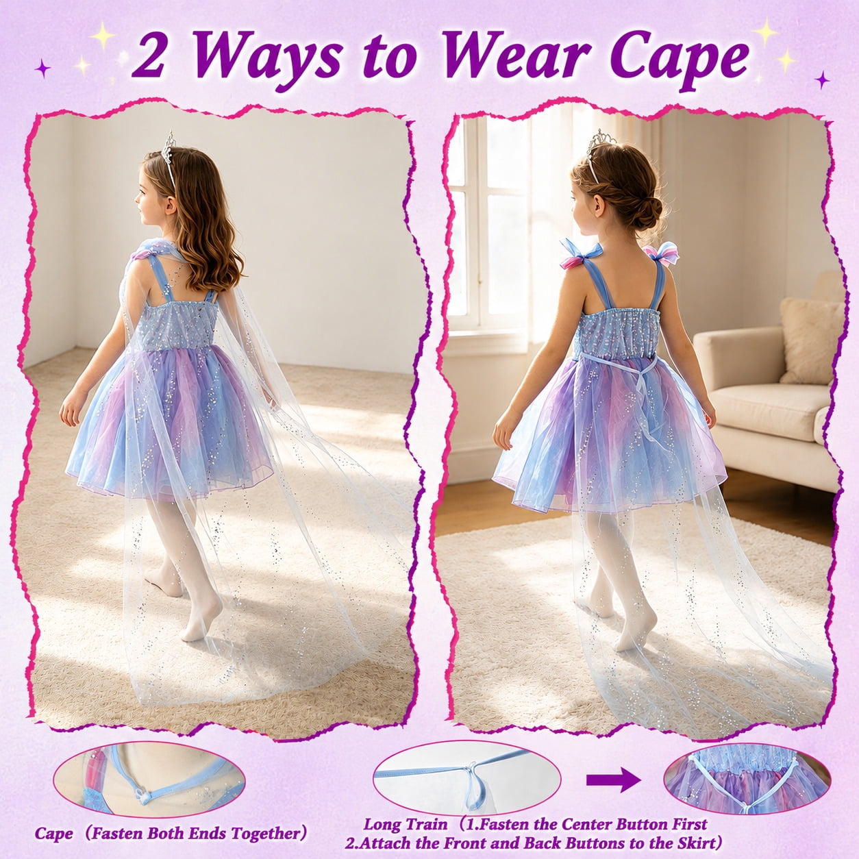 WonderStone Princess Dress for Girls, Fairy Costume Dress-Up with Luxury Accessories, Purple Tutu Outfit for Birthday Parties, Kids & Toddlers Ages 5-6