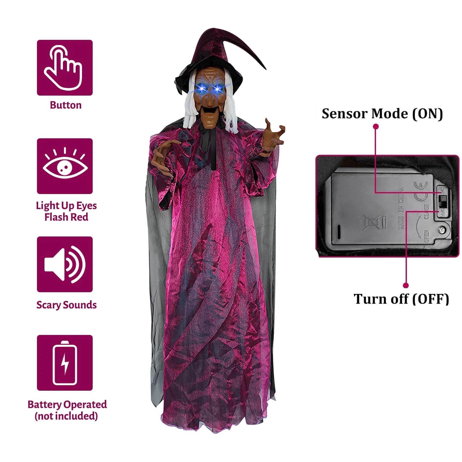 Halloween Animatronics Witch Clearance, Voice Activated Purple Escape Haunt Halloween House Décor & Fright Fest Prop, Life Size Animated Halloween Decoration Outdoor