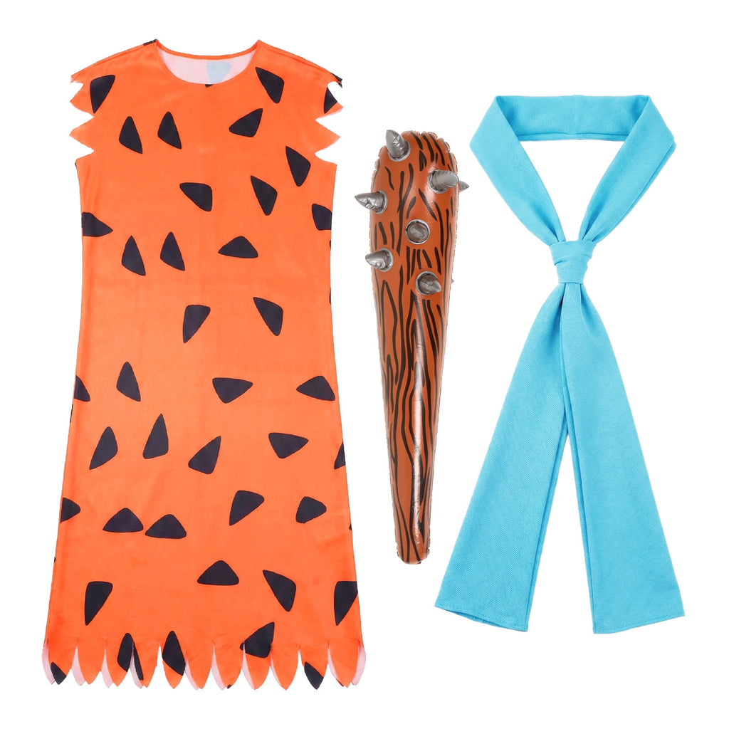 Halloween Men's Costume Adult Caveman Cartoon Style Outfit, Orange & Brown for Cosplay Family Parties