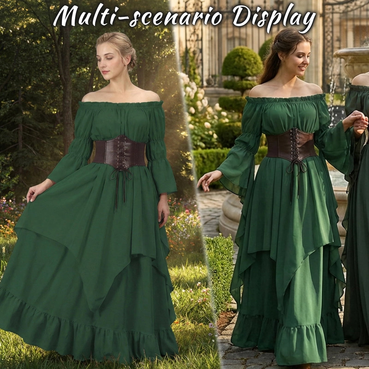 IROOZIGOTO Womens White Medieval Renaissance Maxi Dress Off Shoulder Long Flare Sleeve with Brown Lace Up Corset Belt Halloween Cosplay Costume