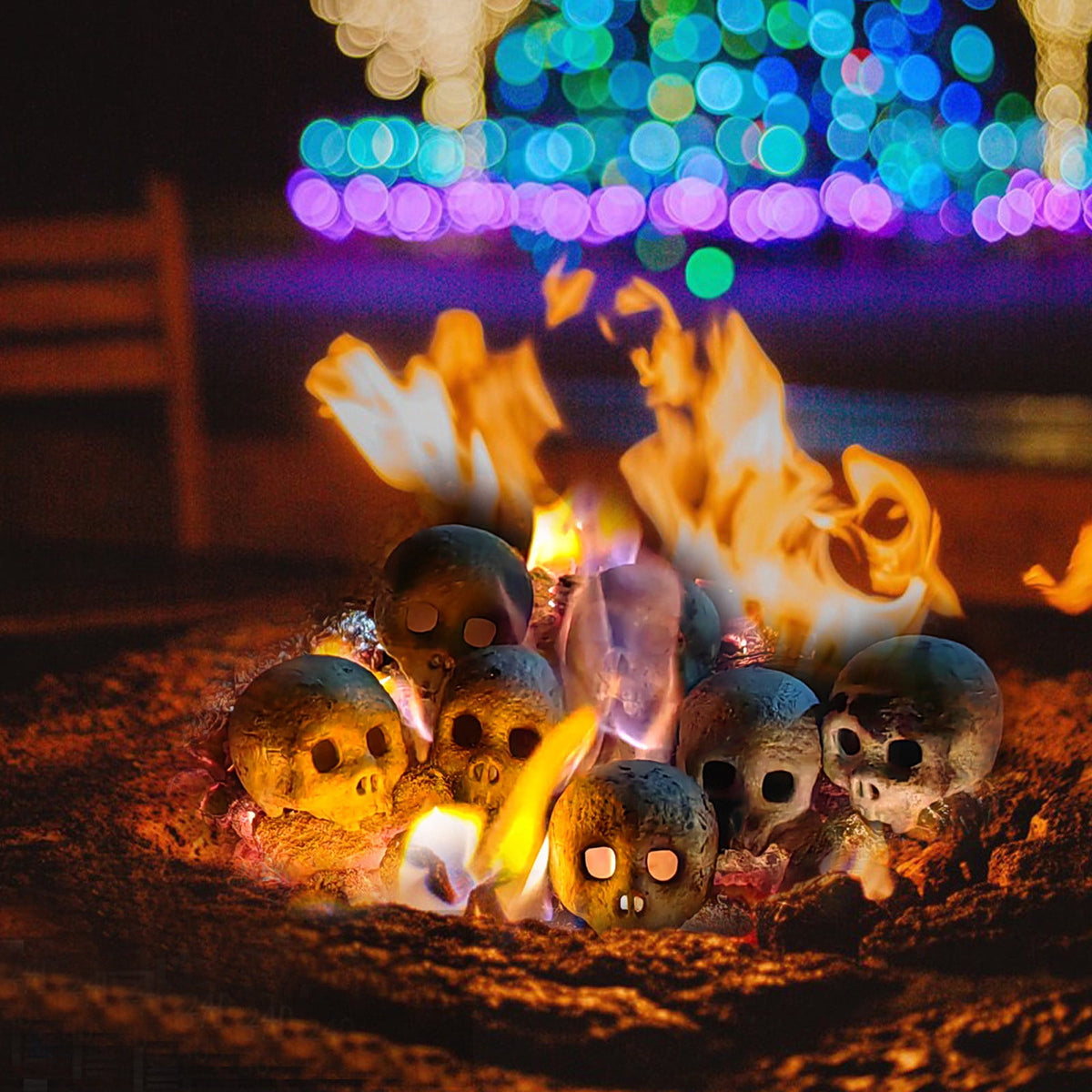 Halloween Decorations Indoor Outdoor Fake Human Skull Gas Log Fireplaces Decor 4PCS Terrifying Skull Fire Pit Reusable Skeleton Flame Fireproof Resin,Halloween Skull Shaped Fire Stones