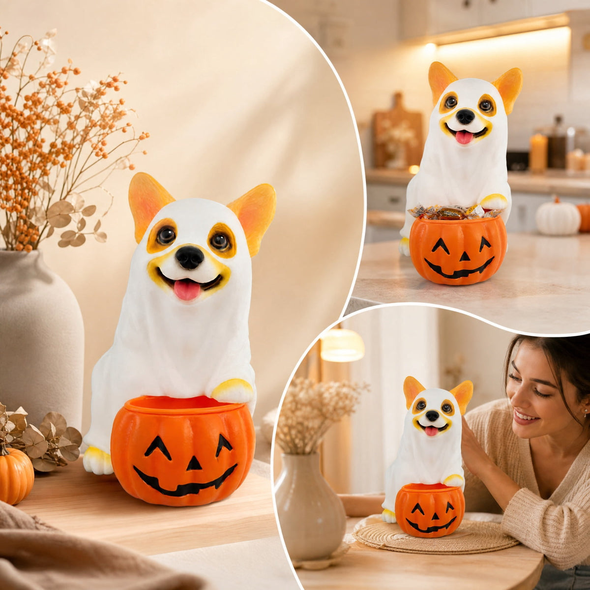 Halloween Dog Greeter - Frenchie 7.9in Resin Witch Dog with Light-Up Pumpkin, Spooky Fall Decor, Indoor Outdoor Tabletop Decoration