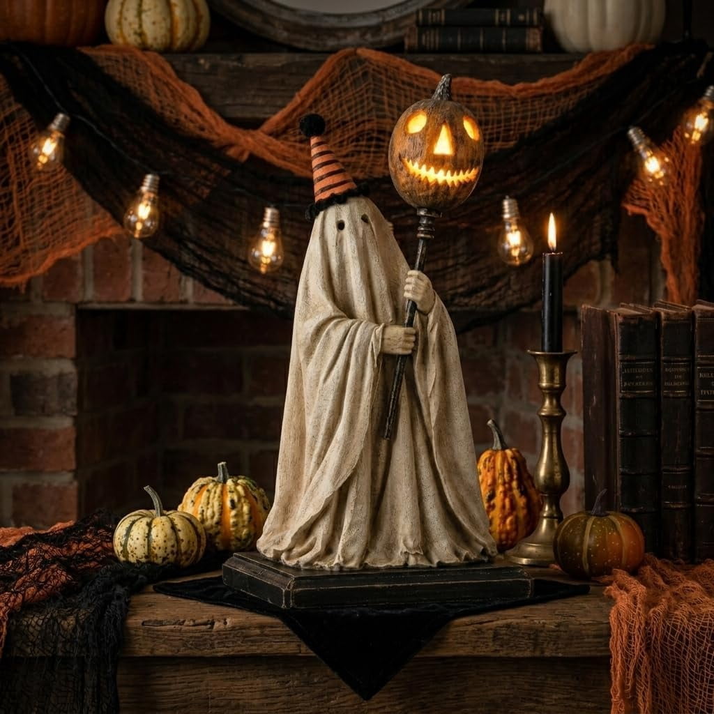Lighted Vintage Ghost Figurine with Glowing Pumpkin Staff,Rustic Spooky Halloween Fall Decor for Mantel Shelf Entryways,Striped Party Hat Decorations,Vintage Indoor Figurines for Mantel