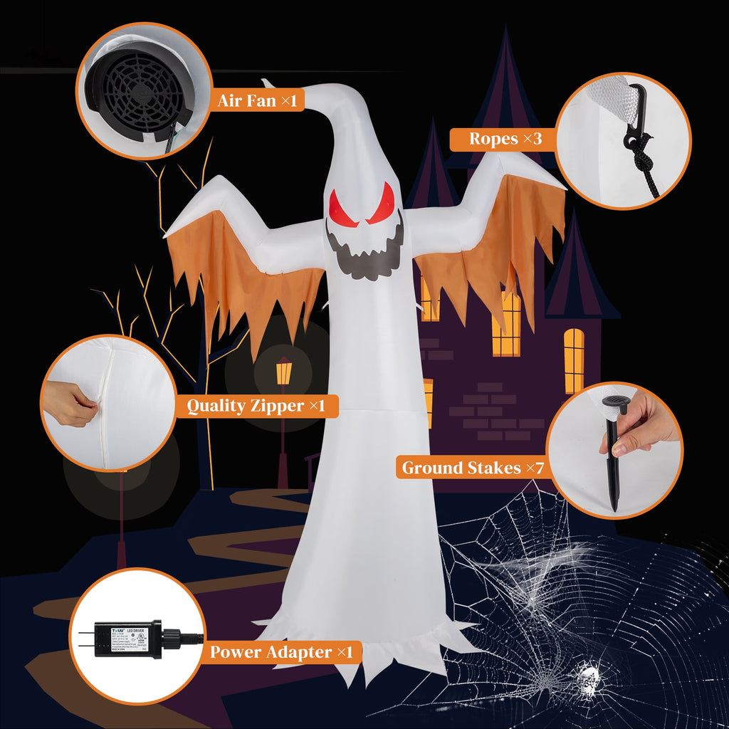 Ktaxon 12' Halloween Inflatables Outdoor Halloween Ghost Decoration with 4 LED Lights Blow up Ghost Flashing Flame