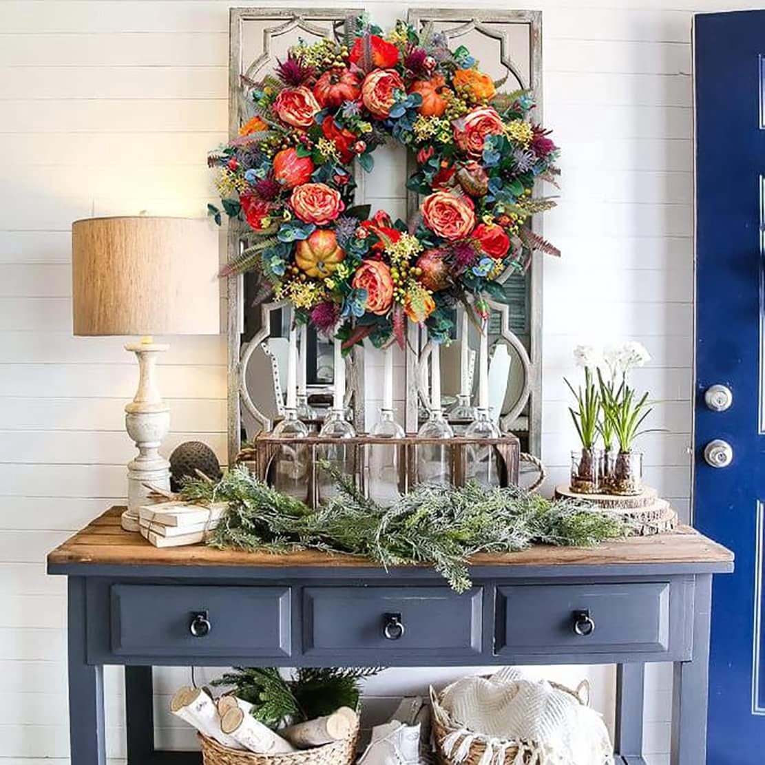 KOMI Fall Peony and Pumpkin Wreath, Autumn Year Round Wreaths for Front Door, Artificial Fall Wreath, Halloween Wreath, Fall Wreaths for Front Door, Autumn Wreath Thanksgiving Wreath (19.68 Inch)