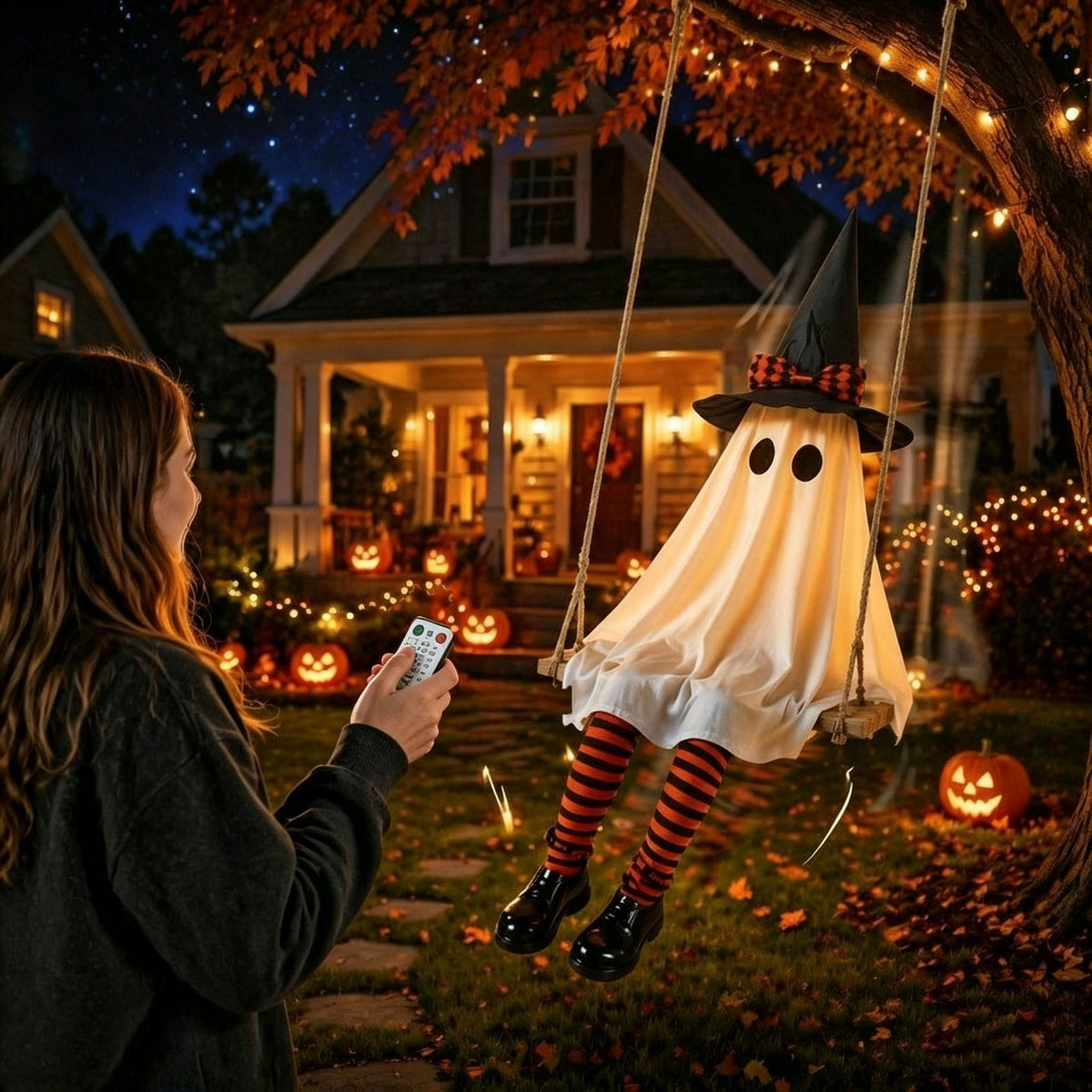 Cloth Hanging Swing Ghost Halloween Outdoor Decor,Remote Controlled LED Lighted Floating Ghost Ornament With 8 Lighting Modes For Porch Tree Yard Seasonal Holiday Display,Total Length 120.4 in.A