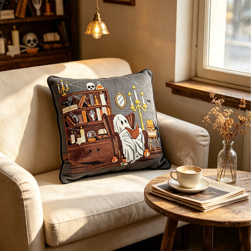 Halloween Ghost Reading Book Throw Pillow Cover, Spooky Library Bookshelf Skull Candlestick Decorative Pillowcase, Retro Halloween Cushion Cover