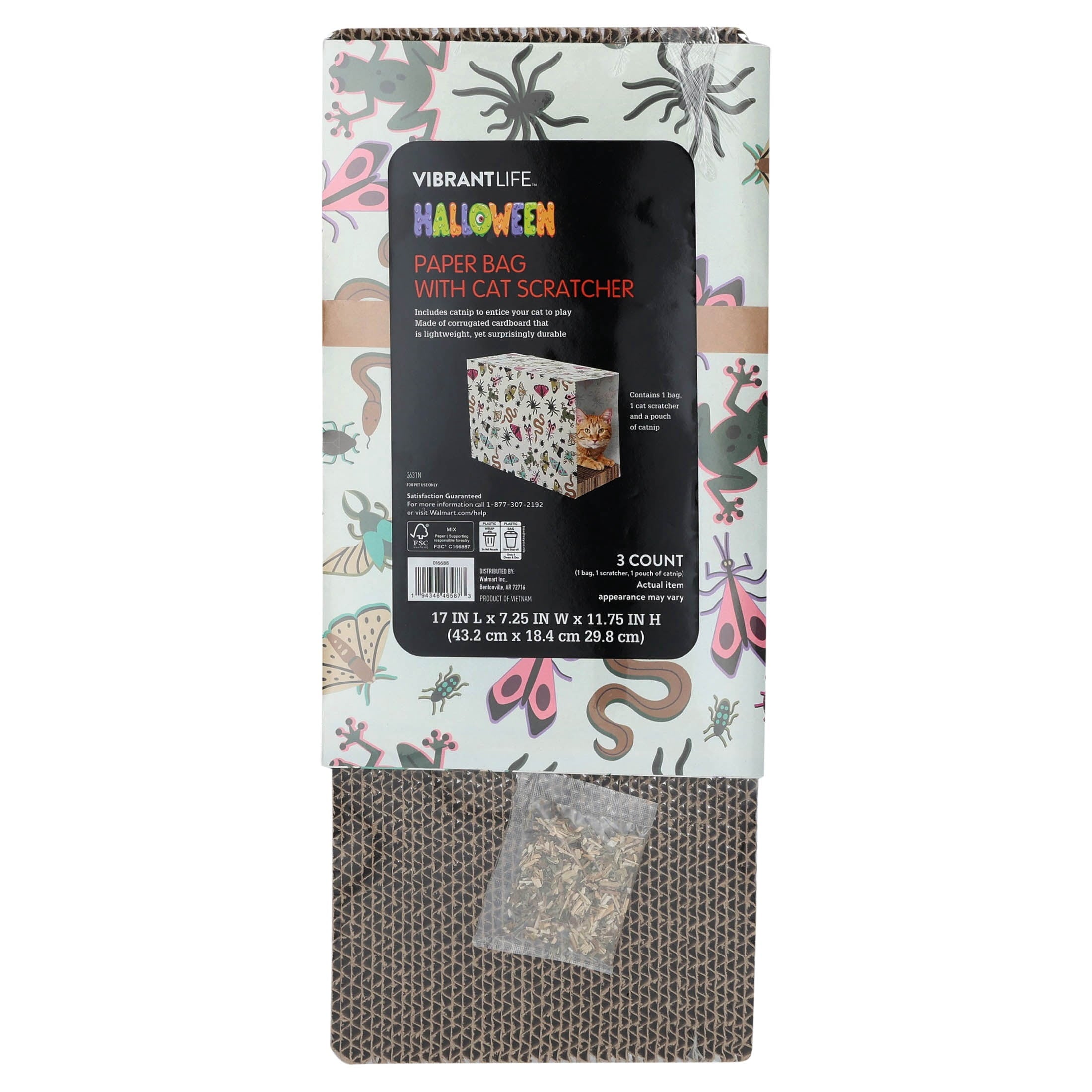 Vibrant Life Halloween Paper Bag with Cat Scratching Pad and Catnip, Creepy Critters, Multicolor