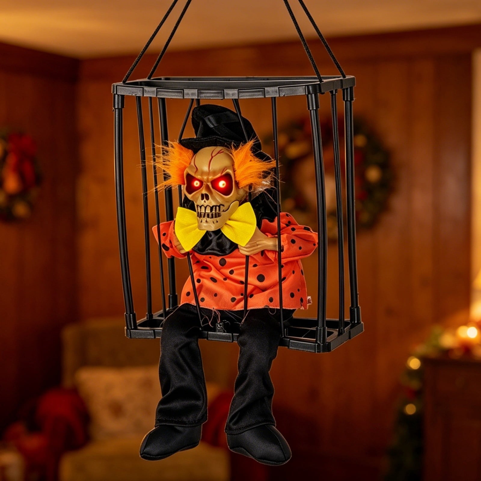 XIA0LE Halloween Hanging Caged Skeleton Prisoner Decoration, Animated Shaking Scary Ghost With Motion Sensor & Sound, Glowing Red Eyes Activated For Indoor Outdoor Party Decor (C)