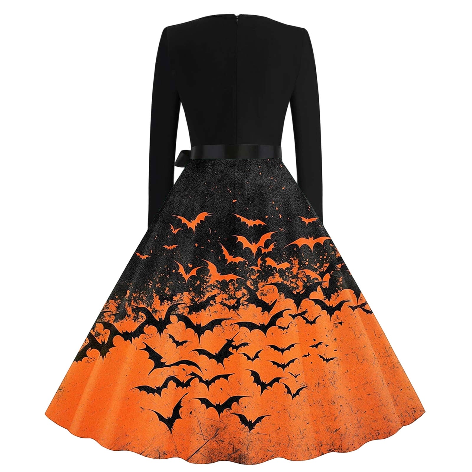 Women's Vintage Halloween Bat Print Swing Dress Long Sleeve 1950s Retro A-Line Midi Dresses with Satin Sash Belt for Gothic Cosplay Evening Prom Party